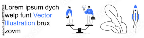 Business growth, teamwork, innovation, startup launch, decision-making, equality. People balancing ideas and work, a plant and a rocket. Business growth and innovation concepts