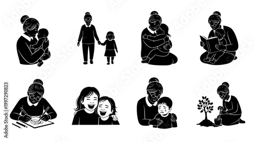 Grandmother and Child Silhouette Illustrations: Affection, Learning, and Growth