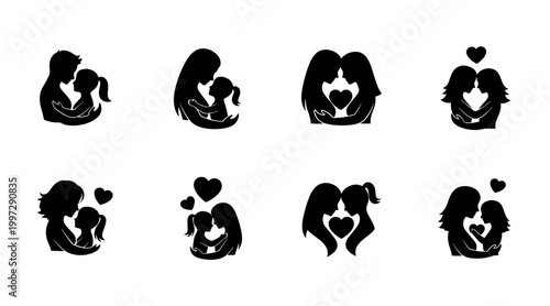 Set of mother and daughter silhouette icons showing love and affection, with heart symbols and tenderness
