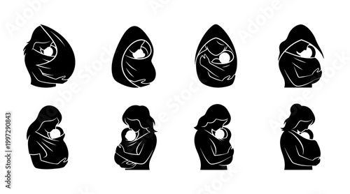 Diverse Silhouettes of Mothers Carrying Babies in Slings and Wraps