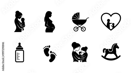 Motherhood and Family Icons Set: Silhouette Collection of Pregnancy, Baby Care, and Childhood Symbols