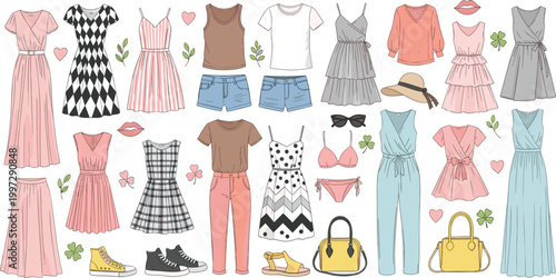 Summer Fashion Clothing Set with Dresses, Tops, Shorts, and Accessories for Trendy and Casual Outfits