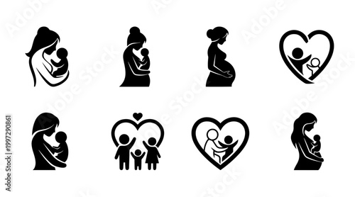 Motherhood and Family Silhouettes: Love, Care, Pregnancy, and Nurturing Icons