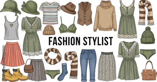 Fashion Stylist Clothing Set with Dresses, Skirts, Hats, Boots, and Accessories for Casual and Trendy Outfits