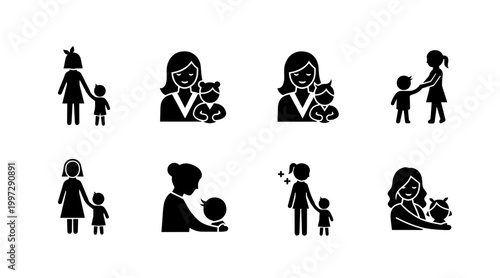 Mother and Son Silhouette Icons: Loving Embrace, Playtime, and Family Moments Set