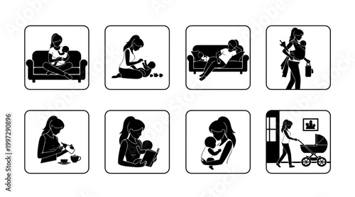 Motherhood Lifestyle Icon Set: Diverse Scenes of Nurturing and Family Moments