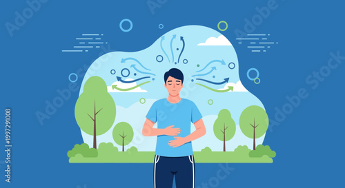 Man practicing deep breathing exercise in nature, focusing on mindful relaxation and well-being.
