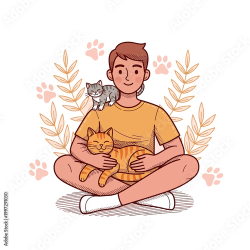 A young man sitting cross-legged, holding a ginger cat in his lap, with a small grey kitten perched on his shoulder, surrounded by decorative leaves and paw prints.