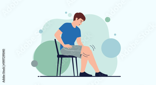 Man sitting on chair experiencing knee pain, medical condition illustration