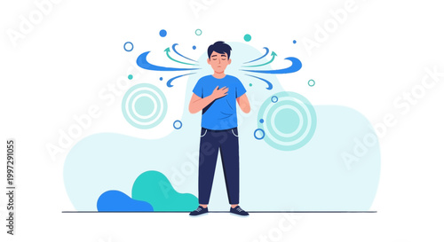 Man taking deep breath, feeling calm and relaxed, mindfulness and well-being concept