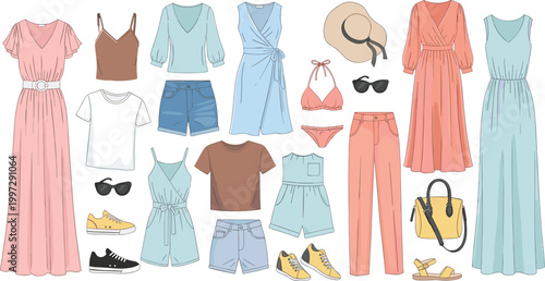 Summer Fashion Clothing Set with Dresses, Shorts, Tops, Sunglasses, and Accessories for Casual and Trendy Designs