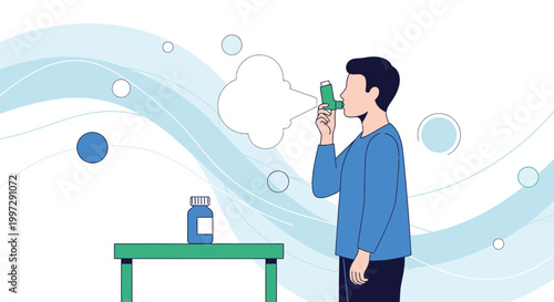 Man using inhaler for asthma relief, medical treatment, breathing problems, healthcare concept