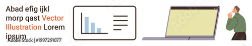 Data analysis, business reports, decision-making, tech communication, brainstorming, planning strategies. Bar graph and text, laptop screen reflective person. Data analysis and business reports