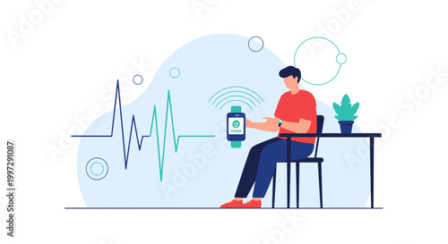 Man using smartwatch for health monitoring, ECG heart rate graph, technology concept