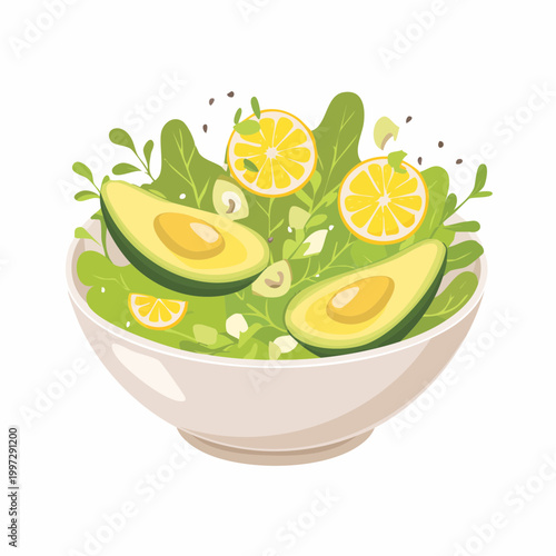 Grüner Salat mit Avocado, Sprossen und Zitronendressing