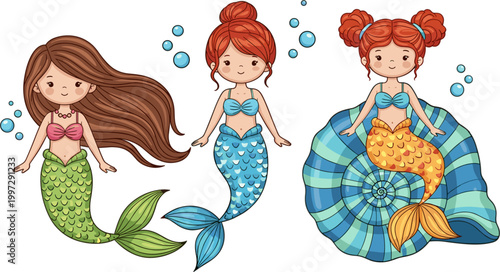Cute Cartoon Mermaids Set with Colorful Tails, Bubbles, and Flowing Hair for Kids' Illustrations, Fantasy, and Magical Undersea Designs