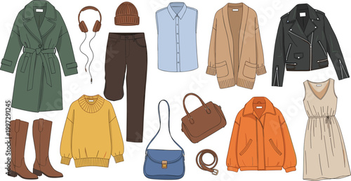 Stylish Fashion Clothing Set with Coats, Jackets, Boots, and Accessories for Autumn and Winter Fashion Designs