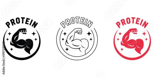 Adobe Illprotein icon set, muscle strength ranking concept, fitness nutrition hierarchy badge system, bodybuilding supplement label, gym performance symbol collection, whey protein braustrator Artwork