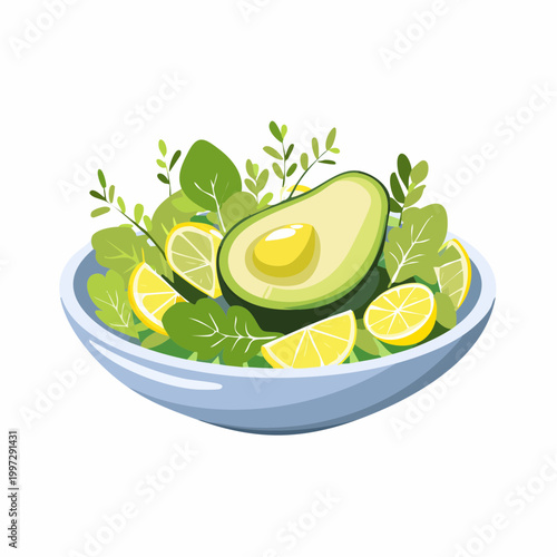 Grüner Salat mit Avocado, Sprossen und Zitronendressing