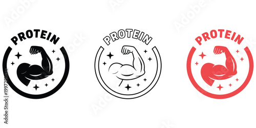 Adobe Illprotein icon set, muscle strength ranking concept, fitness nutrition hierarchy badge system, bodybuilding supplement label, gym performance symbol collection, whey protein braustrator Artwork