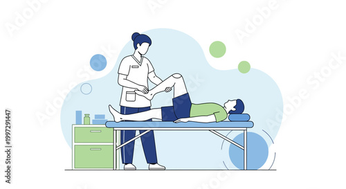 Physical therapist examining patient's knee on examination table, rehabilitation concept