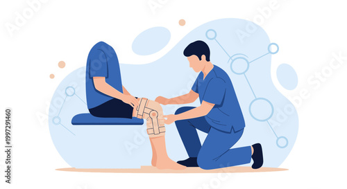 Physical therapist examining patient's knee with brace, rehabilitation concept