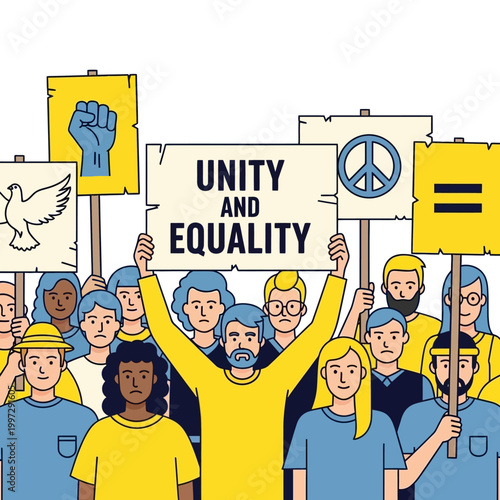 A diverse group of people holding signs advocating for unity and equality, peace, and justice.
