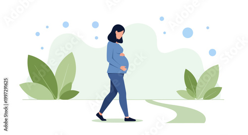 Pregnant woman walking in nature, healthy lifestyle, expecting mother outdoors