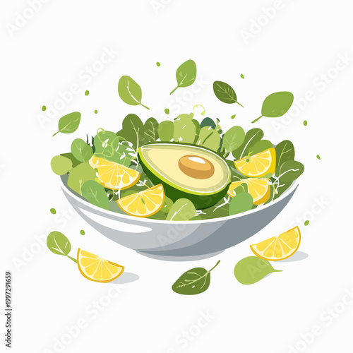 Grüner Salat mit Avocado, Sprossen und Zitronendressing