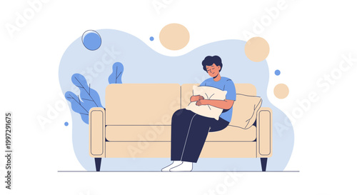 Sad man sitting alone on a couch, holding a pillow, feeling lonely and depressed
