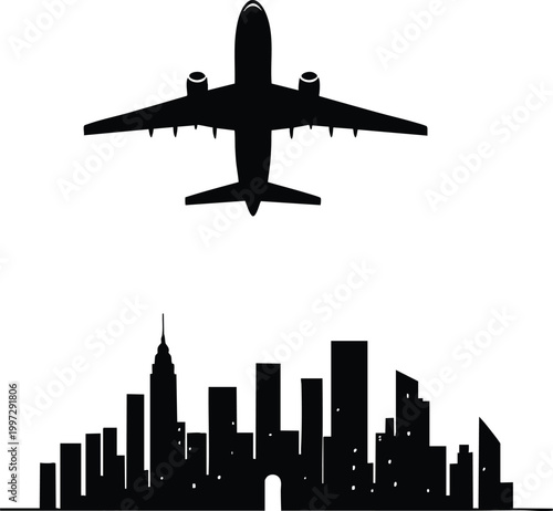Silhouette of an airplane flying over a city skyline representing travel and urban concepts isolated on white background