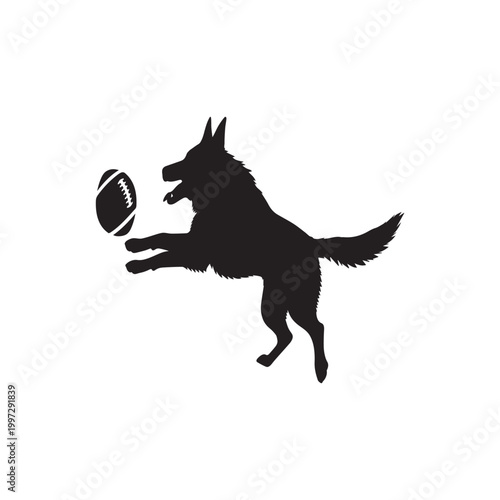 Dynamic canine silhouette chasing football in minimal white background scene