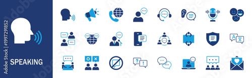 Speaking icon set. Containing dialogue, communication, talk, speech, discussion, chat, conference, meeting, voice, speech bubble, and more.