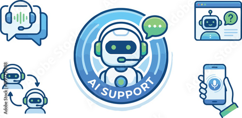 ai customer service icon set. chat headphone sign. Customer Support and Communication. Virtual help chat bot with headset. customer support bots. Ideal for virtual help tools