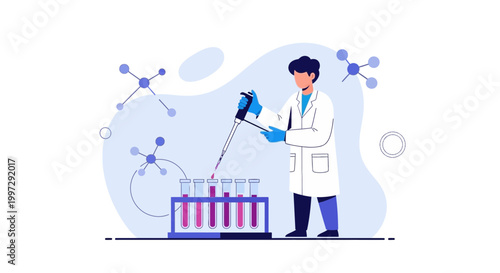 Scientist conducting experiment with test tubes and molecular structures in laboratory