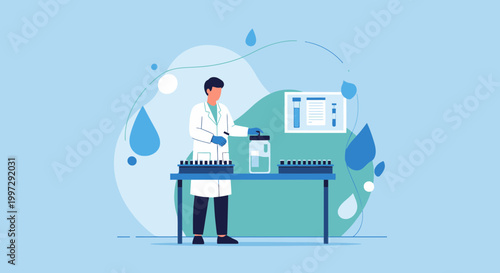 Scientist conducts water quality analysis in laboratory, drops and waves background