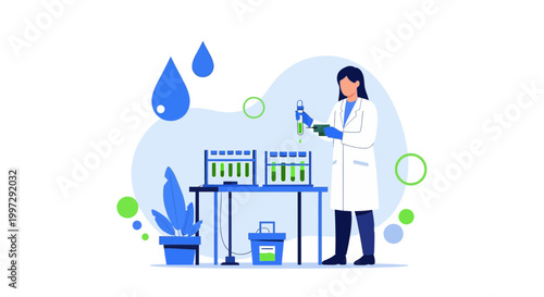 Scientist conducts experiment with plants in laboratory, water drops, green circles