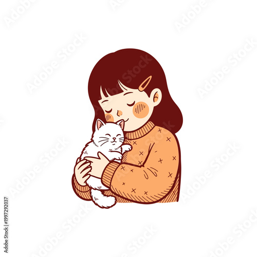 A young girl with dark hair gently hugs a small white kitten with her eyes closed.