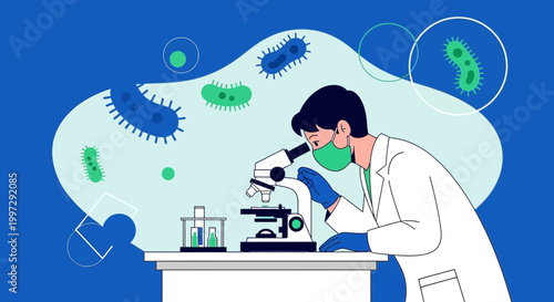 Scientist examining bacteria under microscope, research, laboratory, medical, science concept