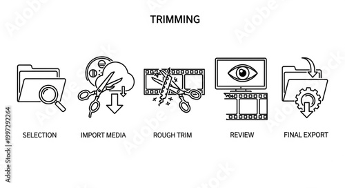 Video Editing Trimming Process Icons Showing Steps.