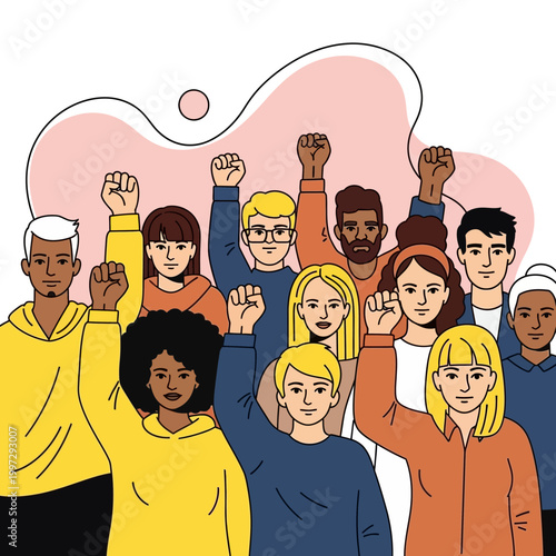 A diverse group of people with raised fists demonstrating unity and solidarity for a cause, against a simple background.