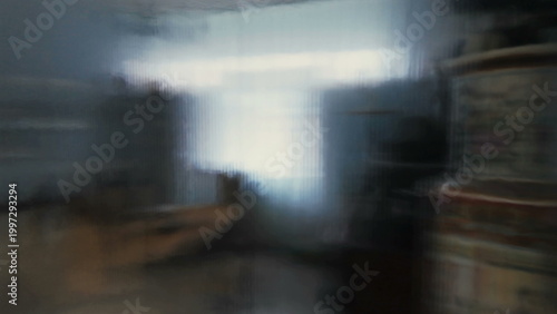 Photos Blurred interior of room with blue curtain and daylight, abstract composition wi