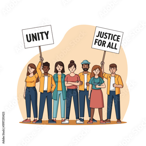 Diverse group of people protesting for unity and justice, holding signs.