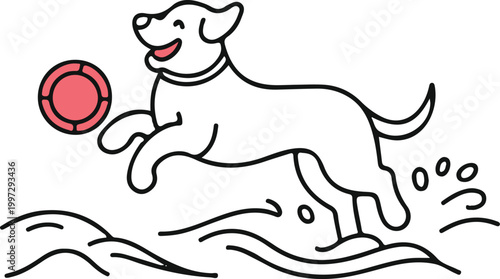 Cute dog playing on the sea beach line art vector design