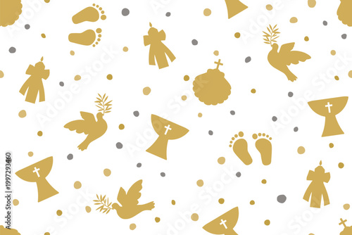 golden elegant seamless baptism pattern, baby feet, baptismal font, shell, holy dove, and candle, great for wrapping, textile, wallpaper, greeting card- vector illustration