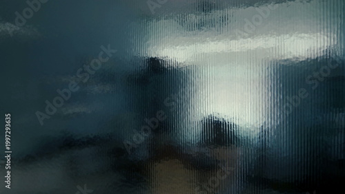 Принти на полотні View through ribbed glass surface distorting indoor office or study room, blue c