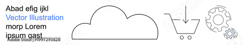 Cloud computing, e-commerce, technology, software development, data storage, digital download. Minimalist cloud, shopping cart with download icon gear elements. Cloud computing and e-commerce