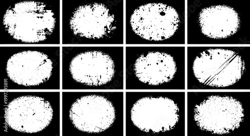 Grunges distressed texture set with white abstract shapes on black background featuring grunge, effects, overlays with vector and illustration