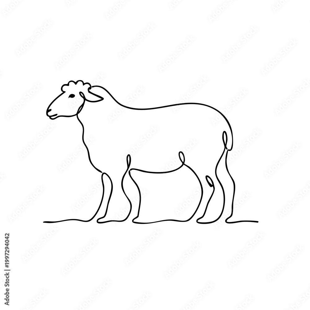Fototapeta premium Continuous Line Art Drawing of a Sheep, Minimalist Black Outline Illustration