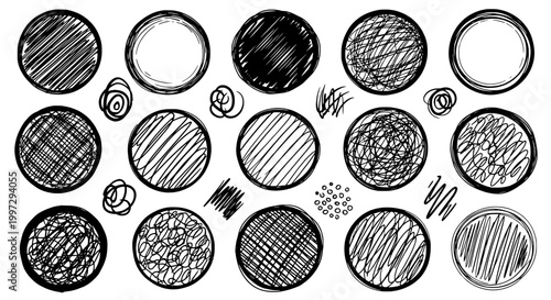 Circles hand drawn set with black lines and various patterns and textures, illustrated in a sketchy style.